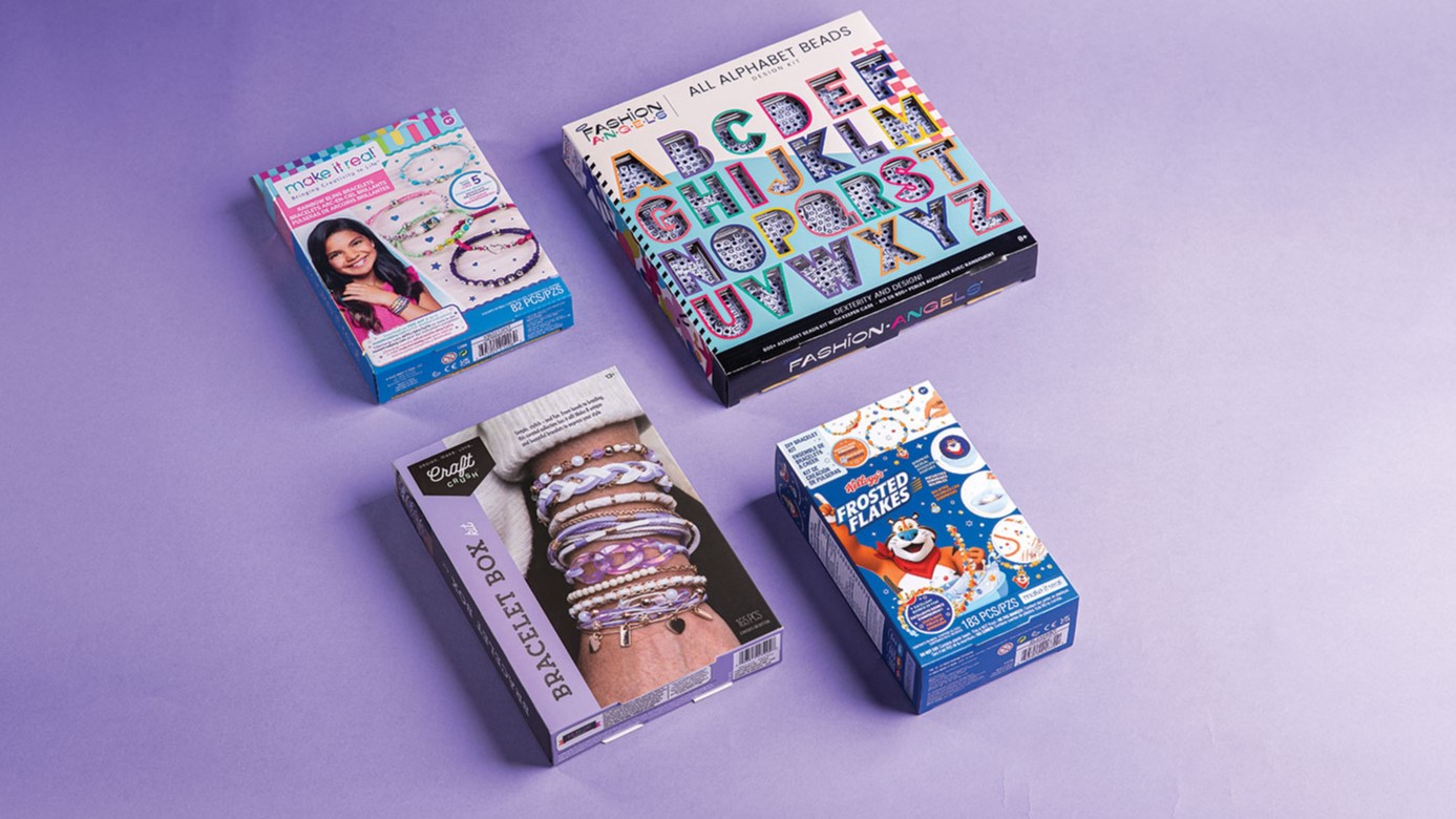 Make It Real Rainbow Bling Bracelets, $7.99; Fashion Angels All Alphabet Beads, $18.99; Ann Williams Craft Crush Bracelet Box Kit, $22.50; Make It Real Kellogg’s Frosted Flakes DIY Bracelet Kit, $14.99