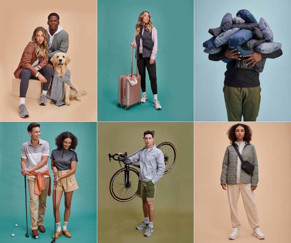 Top left to right: Sidekick Hoodie, Artisan Shirt Jacket and Aviator Bomber Jacket; Shoreliner Quarter Zip and Traveler Vest Matte with Belt Bag; Traveler Jacket and Vests pack into a pocket. Bottom left to right: Visionary II Polos and Shoreliner Quarter Zip; Idealist Windbreaker; Sidekick Quarter Zip and Artisan Shirt Jacket.