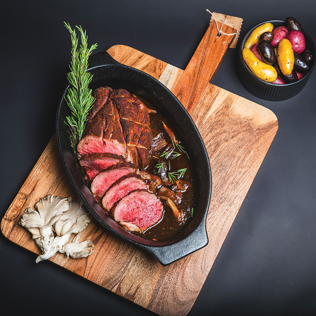 Roasted elk tenderloin with rosemary and wild mushroom jus from the Native to Minnesota menu.