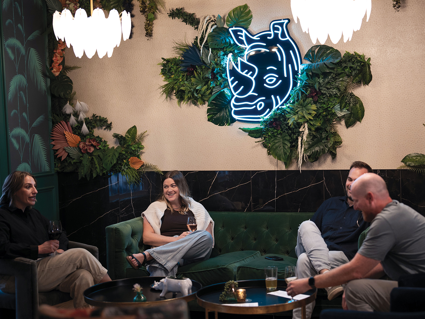 Friends gathered at Rhino Wine Bar