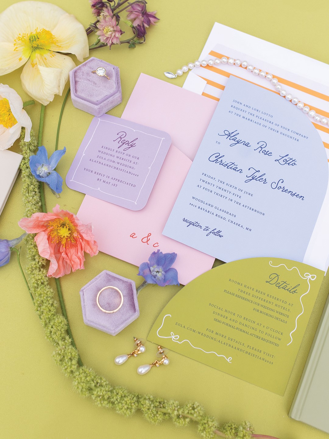 The couple set the tone for their colorful wedding with their invitations.