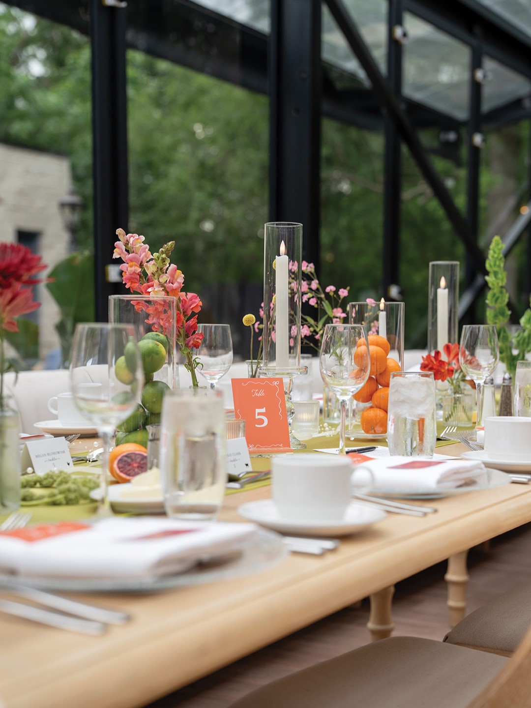 Fruit, including limes and oranges, were incorporated into the tablescape to add extra color and dimension.